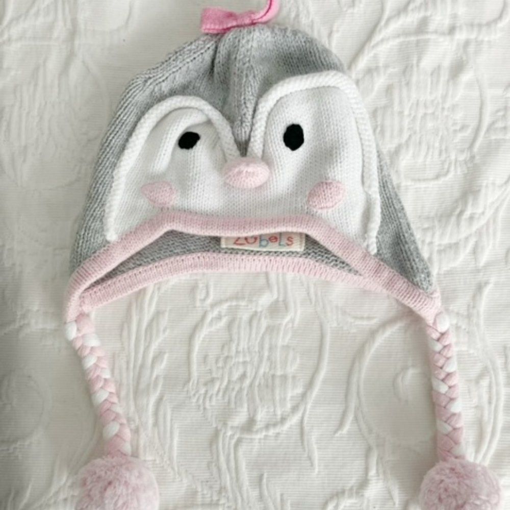 Zubels Knit Winter Hat Little Bird Owl Pink Gray White Baby Penguin Size 6-12M